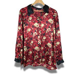 Vintage Oriental Floral Satin Long Sleeve Lounge Pajama Shirt XL
